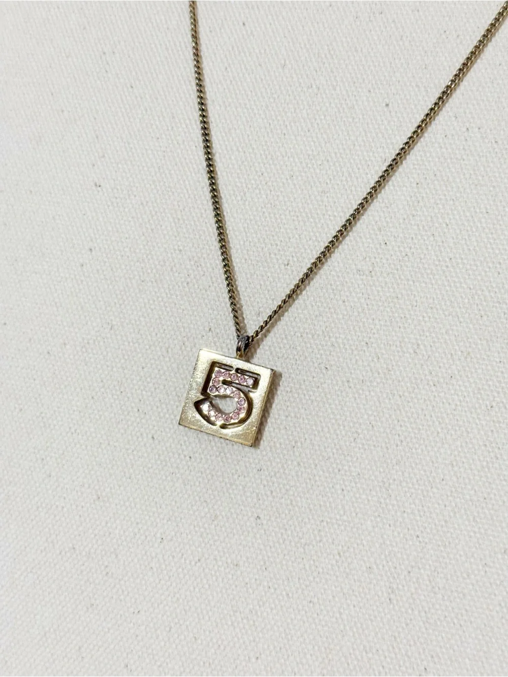 Chanel Vintage 24K Gold Plated Pink No.5 Rhinestone Pendant Necklace
